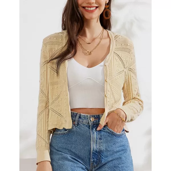 GRACE KARIN Women Crochet Cropped Cardigan Casual Elegant Lightweight Button Sweater Long Sleeve HollowedOut Shrug TopsBeige