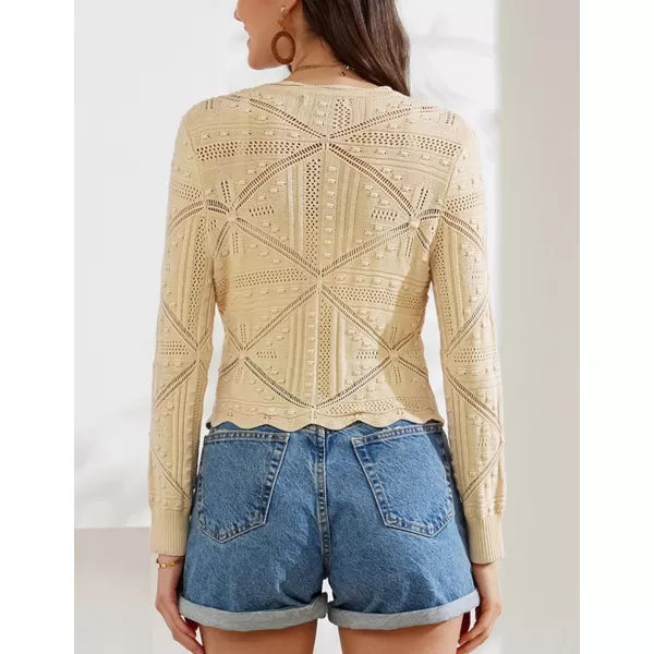 GRACE KARIN Women Crochet Cropped Cardigan Casual Elegant Lightweight Button Sweater Long Sleeve HollowedOut Shrug TopsBeige