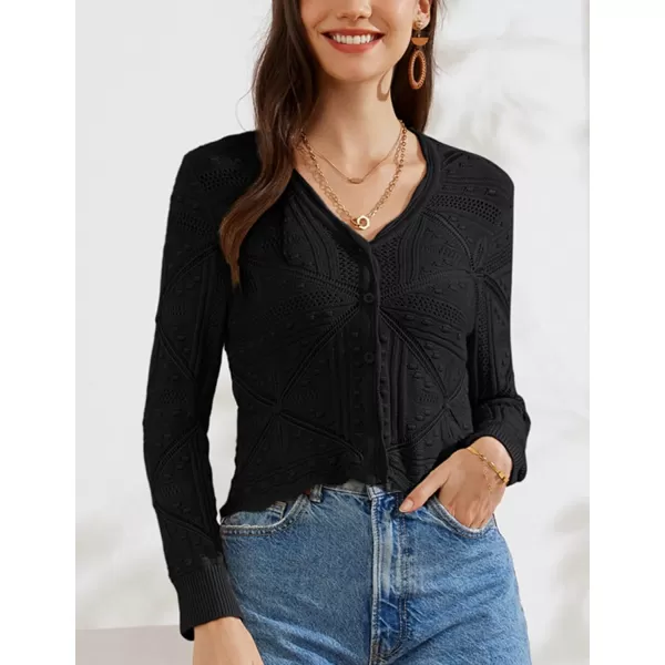 GRACE KARIN Women Crochet Cropped Cardigan Casual Elegant Lightweight Button Sweater Long Sleeve HollowedOut Shrug TopsBlack