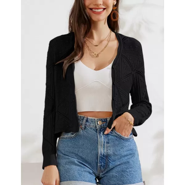 GRACE KARIN Women Crochet Cropped Cardigan Casual Elegant Lightweight Button Sweater Long Sleeve HollowedOut Shrug TopsBlack