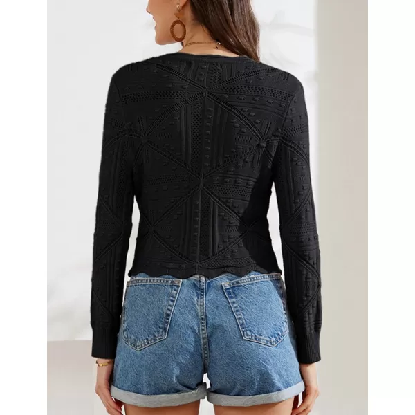 GRACE KARIN Women Crochet Cropped Cardigan Casual Elegant Lightweight Button Sweater Long Sleeve HollowedOut Shrug TopsBlack