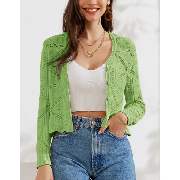 GRACE KARIN Women Crochet Cropped Cardigan Casual Elegant Lightweight Button Sweater Long Sleeve HollowedOut Shrug TopsGreen