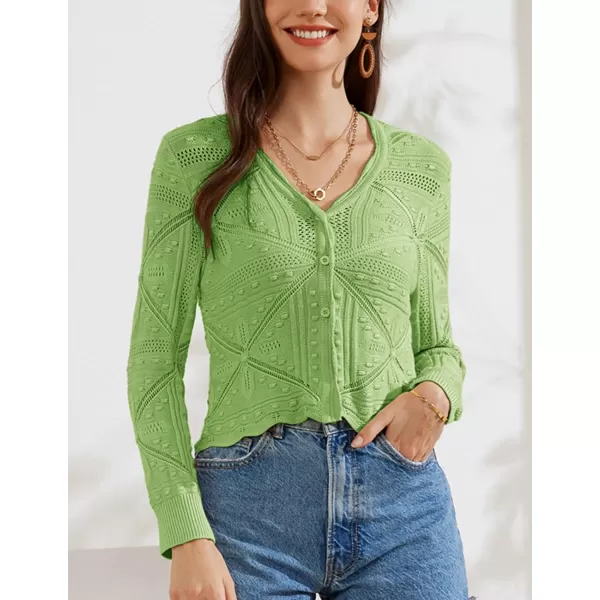 GRACE KARIN Women Crochet Cropped Cardigan Casual Elegant Lightweight Button Sweater Long Sleeve HollowedOut Shrug TopsGreen