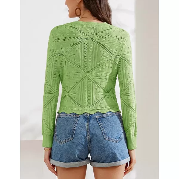 GRACE KARIN Women Crochet Cropped Cardigan Casual Elegant Lightweight Button Sweater Long Sleeve HollowedOut Shrug TopsGreen