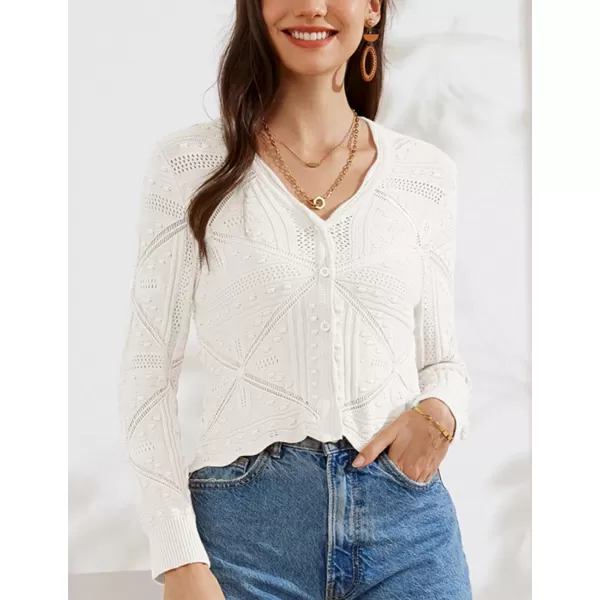 GRACE KARIN Women Crochet Cropped Cardigan Casual Elegant Lightweight Button Sweater Long Sleeve HollowedOut Shrug TopsIvory White