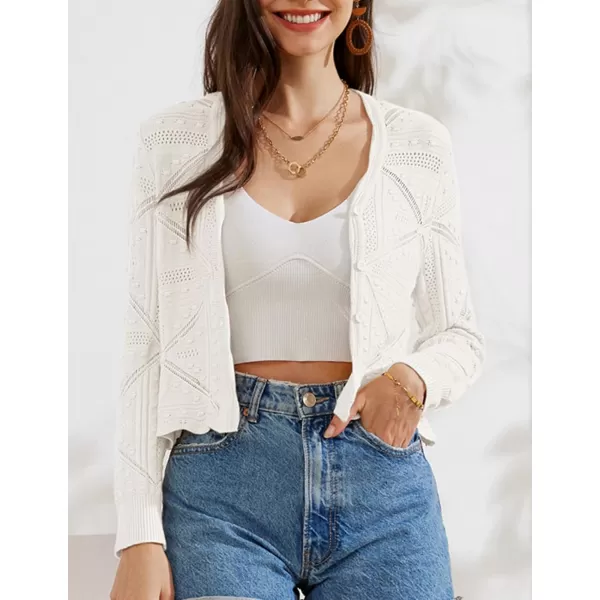 GRACE KARIN Women Crochet Cropped Cardigan Casual Elegant Lightweight Button Sweater Long Sleeve HollowedOut Shrug TopsIvory White