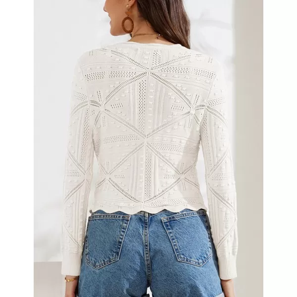 GRACE KARIN Women Crochet Cropped Cardigan Casual Elegant Lightweight Button Sweater Long Sleeve HollowedOut Shrug TopsIvory White