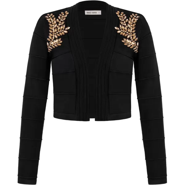 GRACE KARIN Women Cropped Cardigan Long Sleeve Lightweight Bolero Shrugs Elegant Sweater Tops with Rhinestone SXXLBlackrhinestone