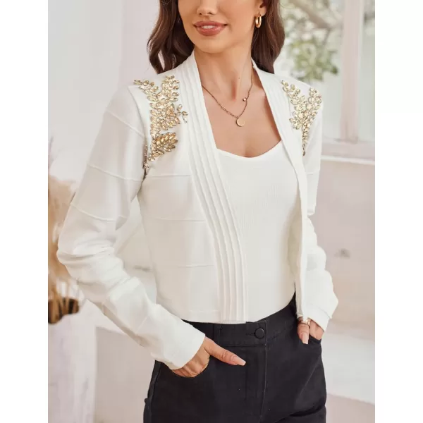 GRACE KARIN Women Cropped Cardigan Long Sleeve Lightweight Bolero Shrugs Elegant Sweater Tops with Rhinestone SXXLIvory Whiterhinestone