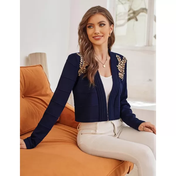 GRACE KARIN Women Cropped Cardigan Long Sleeve Lightweight Bolero Shrugs Elegant Sweater Tops with Rhinestone SXXLNavy Bluerhinestone