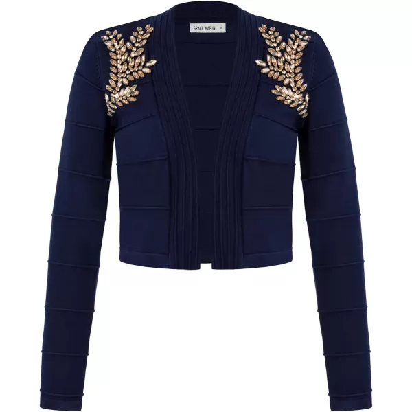 GRACE KARIN Women Cropped Cardigan Long Sleeve Lightweight Bolero Shrugs Elegant Sweater Tops with Rhinestone SXXLNavy Bluerhinestone