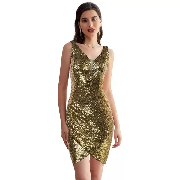 GRACE KARIN Women Deep V Neck Party Mini Dress U Back Sequin Irregular Hem Evening DressBronze Gold