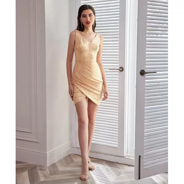 GRACE KARIN Women Deep V Neck Party Mini Dress U Back Sequin Irregular Hem Evening DressGold