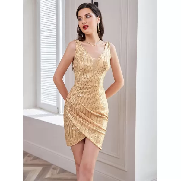 GRACE KARIN Women Deep V Neck Party Mini Dress U Back Sequin Irregular Hem Evening DressGold