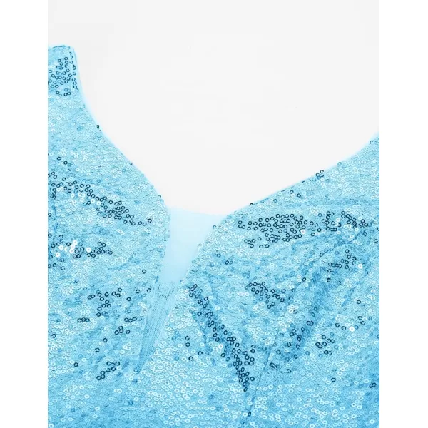 GRACE KARIN Women Deep V Neck Party Mini Dress U Back Sequin Irregular Hem Evening DressLight Bluesequin