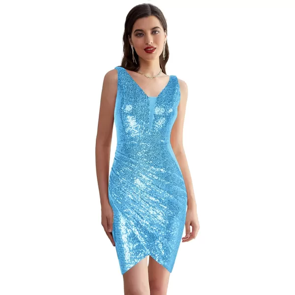 GRACE KARIN Women Deep V Neck Party Mini Dress U Back Sequin Irregular Hem Evening DressLight Bluesequin
