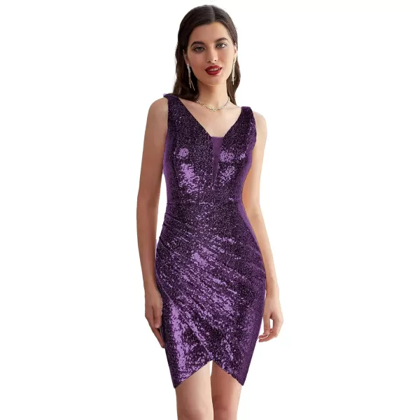 GRACE KARIN Women Deep V Neck Party Mini Dress U Back Sequin Irregular Hem Evening DressPurple