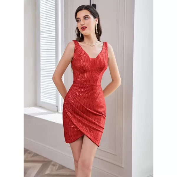 GRACE KARIN Women Deep V Neck Party Mini Dress U Back Sequin Irregular Hem Evening DressRed