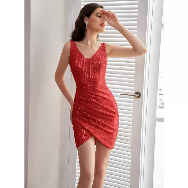 GRACE KARIN Women Deep V Neck Party Mini Dress U Back Sequin Irregular Hem Evening DressRed