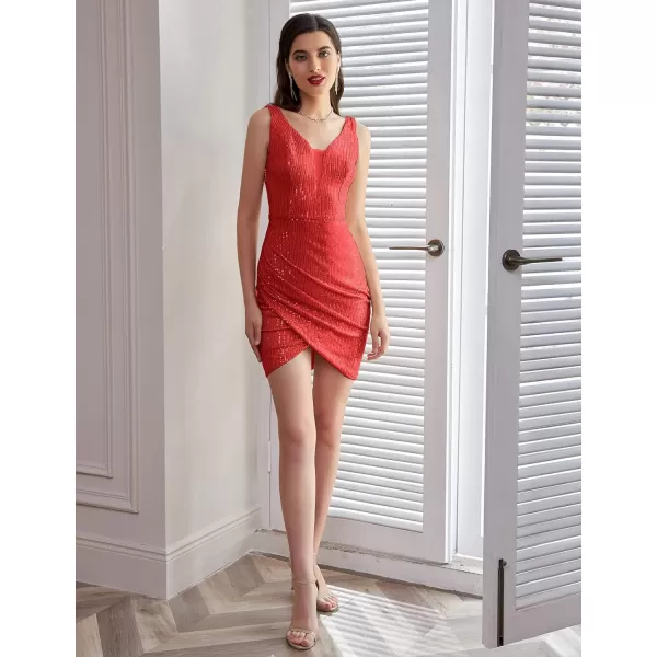 GRACE KARIN Women Deep V Neck Party Mini Dress U Back Sequin Irregular Hem Evening DressRed
