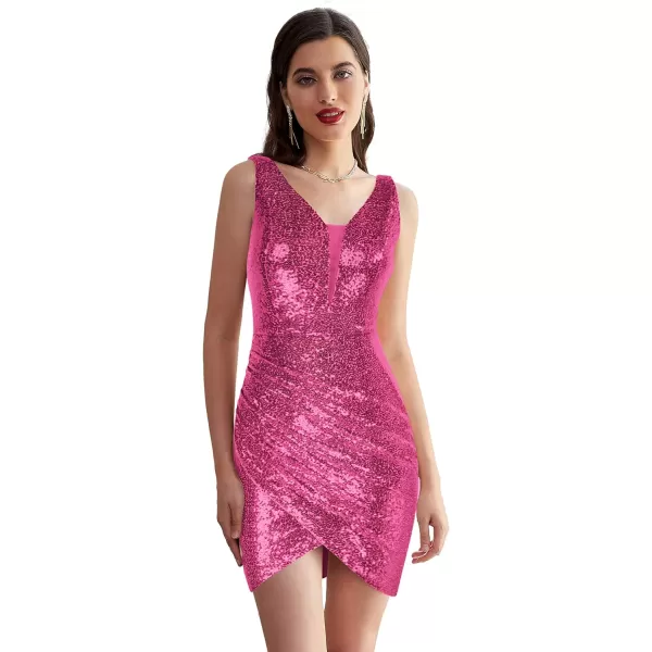 GRACE KARIN Women Deep V Neck Party Mini Dress U Back Sequin Irregular Hem Evening DressRose Redsequin