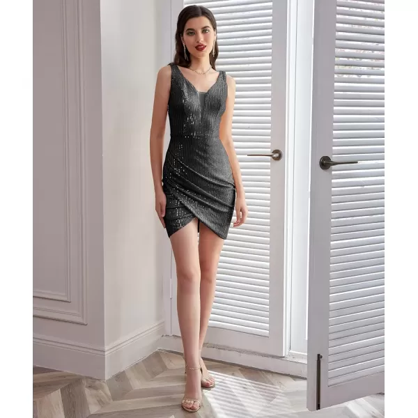 GRACE KARIN Women Deep V Neck Party Mini Dress U Back Sequin Irregular Hem Evening DressSequin Black