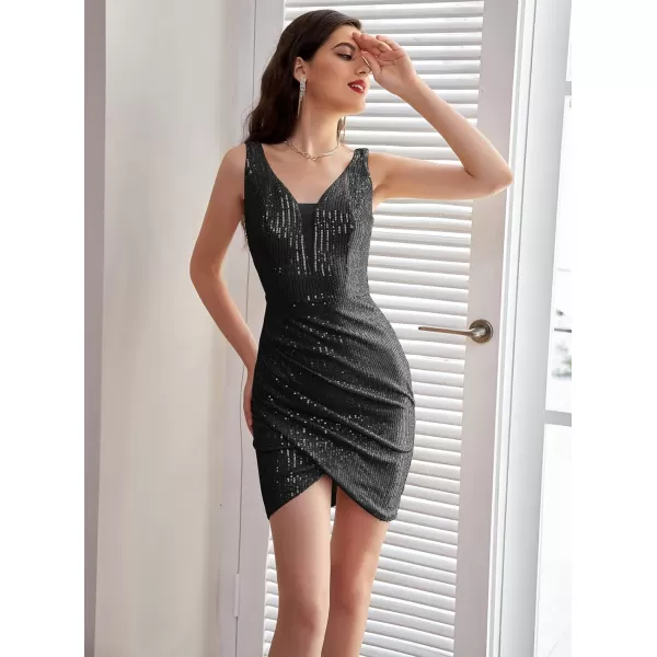 GRACE KARIN Women Deep V Neck Party Mini Dress U Back Sequin Irregular Hem Evening DressSequin Black