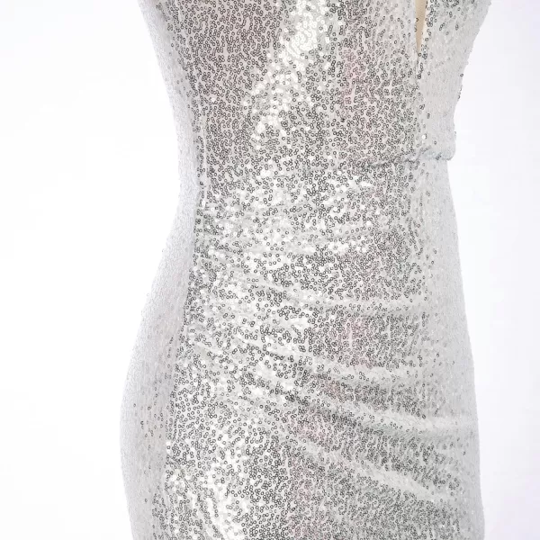 GRACE KARIN Women Deep V Neck Party Mini Dress U Back Sequin Irregular Hem Evening DressSilver White