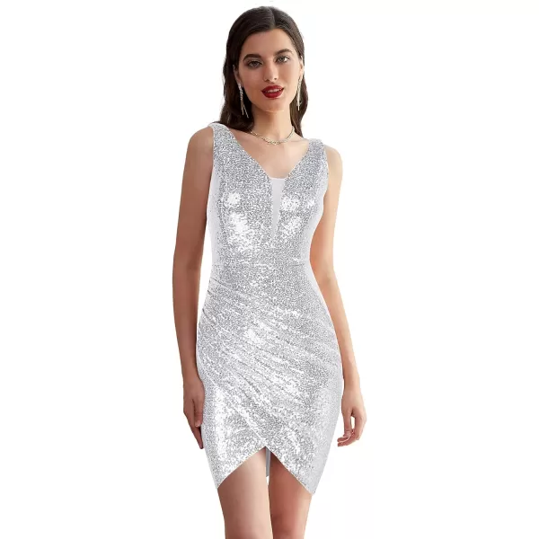 GRACE KARIN Women Deep V Neck Party Mini Dress U Back Sequin Irregular Hem Evening DressSilver White