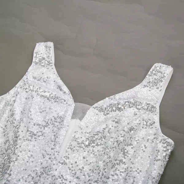 GRACE KARIN Women Deep V Neck Party Mini Dress U Back Sequin Irregular Hem Evening DressSilver White