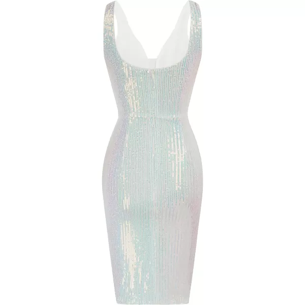 GRACE KARIN Women Deep V Neck Party Mini Dress U Back Sequin Irregular Hem Evening DressWhiterainbow