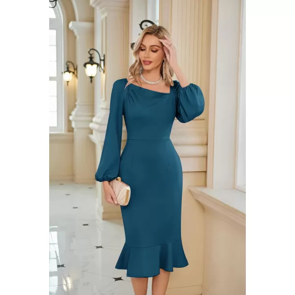 GRACE KARIN Women Elegant Bodycon Dress Mermaid Long Sleeve Cocktail Wedding Guest Formal Party DressesPeacock Blue