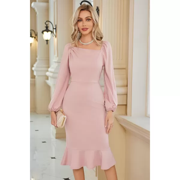 GRACE KARIN Women Elegant Bodycon Dress Mermaid Long Sleeve Cocktail Wedding Guest Formal Party DressesPink