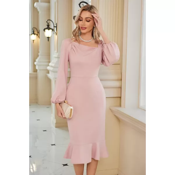 GRACE KARIN Women Elegant Bodycon Dress Mermaid Long Sleeve Cocktail Wedding Guest Formal Party DressesPink