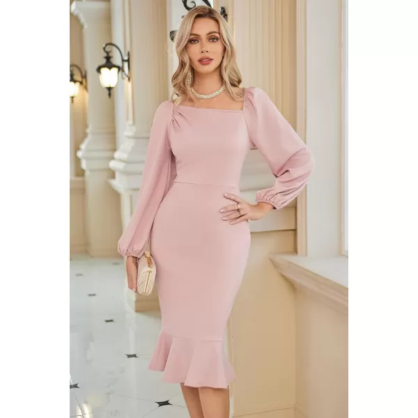 GRACE KARIN Women Elegant Bodycon Dress Mermaid Long Sleeve Cocktail Wedding Guest Formal Party DressesPink