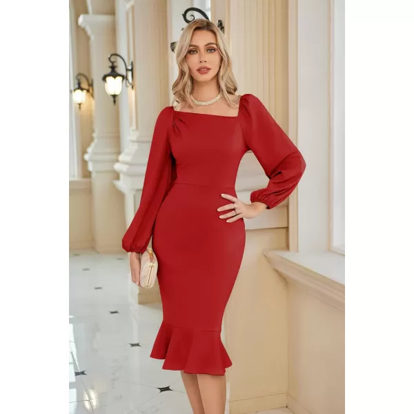 GRACE KARIN Women Elegant Bodycon Dress Mermaid Long Sleeve Cocktail Wedding Guest Formal Party DressesRed