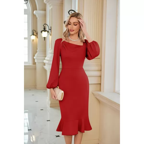 GRACE KARIN Women Elegant Bodycon Dress Mermaid Long Sleeve Cocktail Wedding Guest Formal Party DressesRed