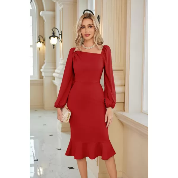 GRACE KARIN Women Elegant Bodycon Dress Mermaid Long Sleeve Cocktail Wedding Guest Formal Party DressesRedlong Sleeve