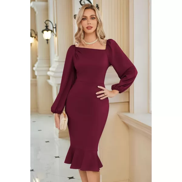 GRACE KARIN Women Elegant Bodycon Dress Mermaid Long Sleeve Cocktail Wedding Guest Formal Party DressesWine Red