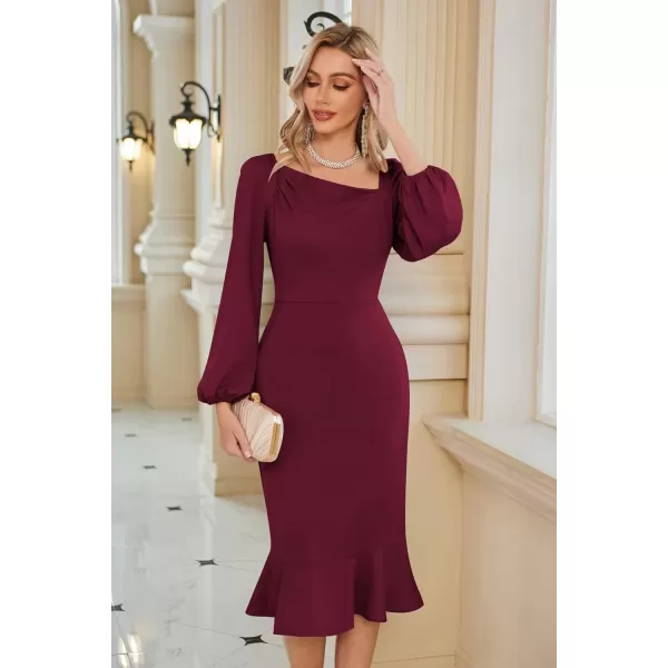 GRACE KARIN Women Elegant Bodycon Dress Mermaid Long Sleeve Cocktail Wedding Guest Formal Party DressesWine Red