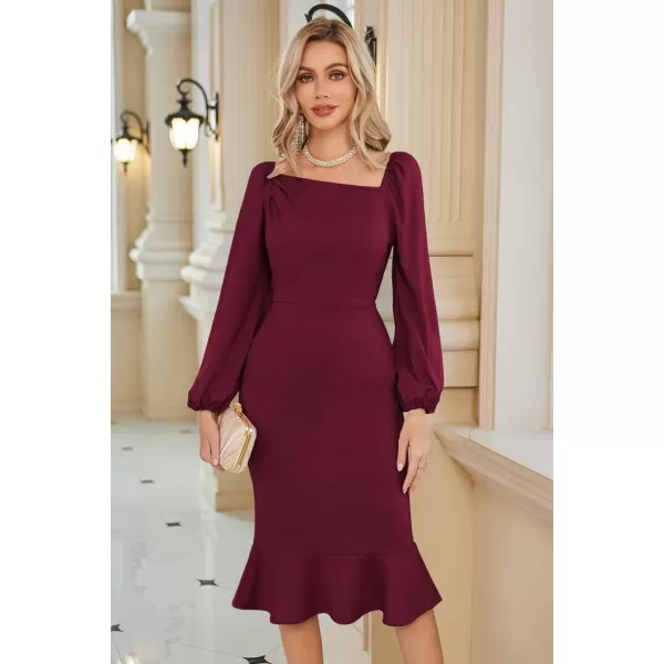 GRACE KARIN Women Elegant Bodycon Dress Mermaid Long Sleeve Cocktail Wedding Guest Formal Party DressesWine Red