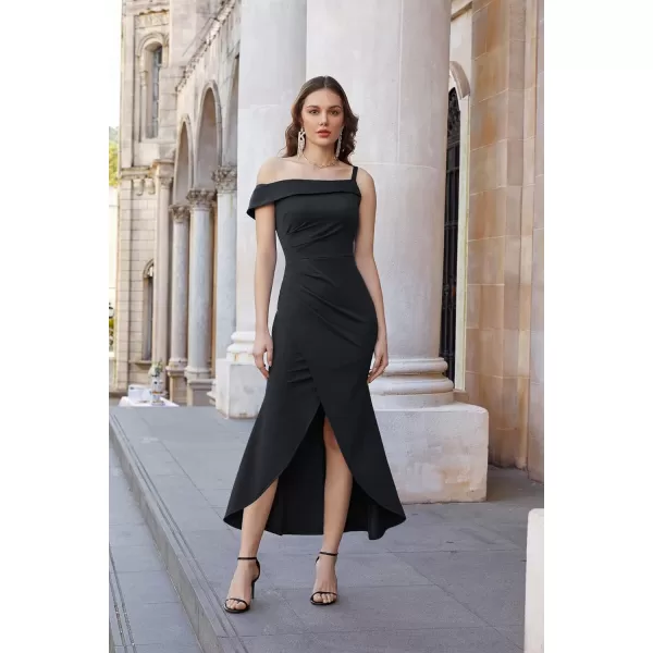 GRACE KARIN Women Elegant One Shoulder Cocktail Dress Ruched Wedding Guest Bodycon Split Fishtail Evening Party DressesBlack