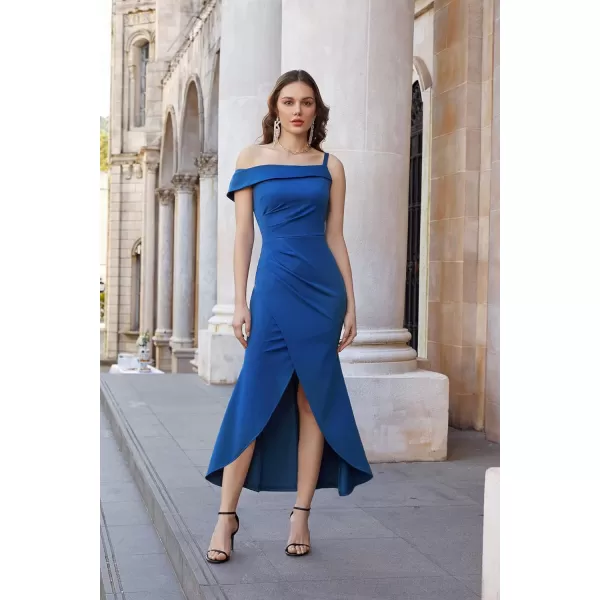 GRACE KARIN Women Elegant One Shoulder Cocktail Dress Ruched Wedding Guest Bodycon Split Fishtail Evening Party DressesRoyal Blue