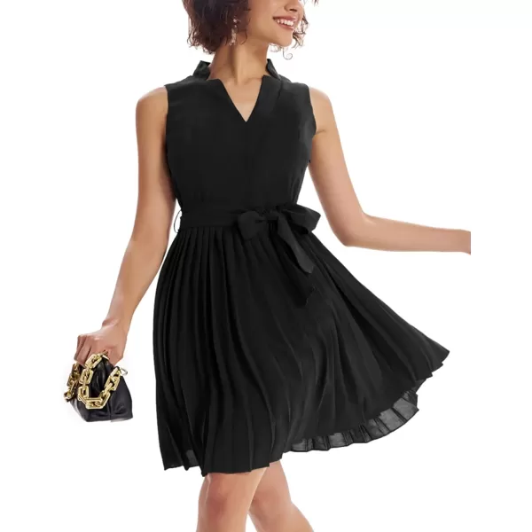 GRACE KARIN Women Elegant Pleated Swing Dress Solid Sleeveless VNeck Work DressBlack