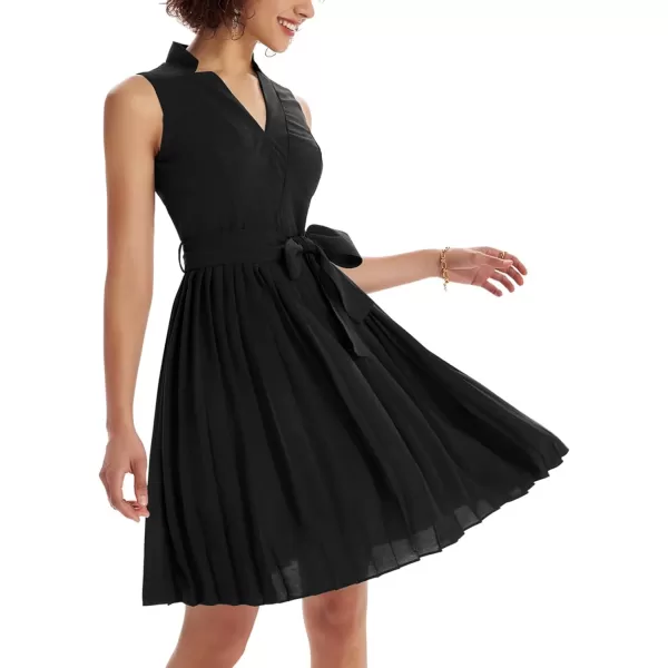 GRACE KARIN Women Elegant Pleated Swing Dress Solid Sleeveless VNeck Work DressBlack