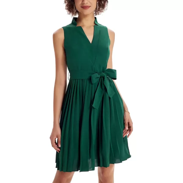 GRACE KARIN Women Elegant Pleated Swing Dress Solid Sleeveless VNeck Work DressGreen