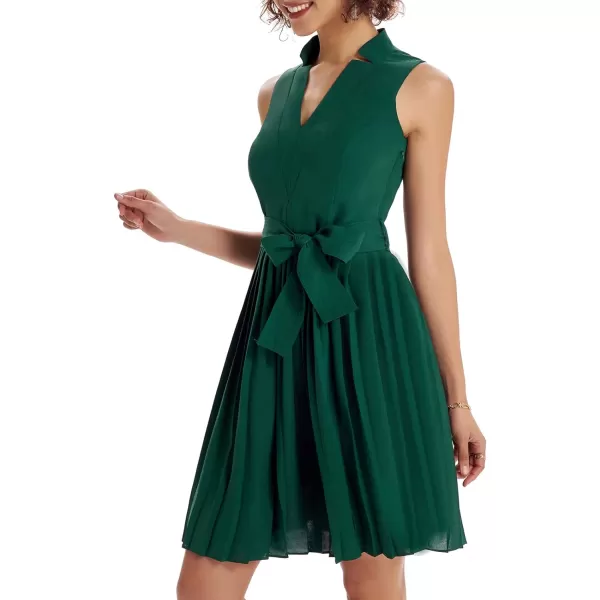 GRACE KARIN Women Elegant Pleated Swing Dress Solid Sleeveless VNeck Work DressGreen