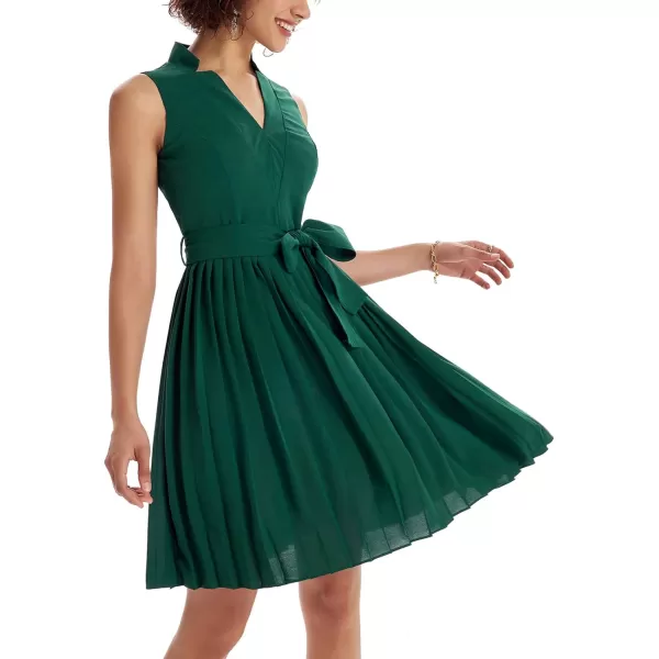 GRACE KARIN Women Elegant Pleated Swing Dress Solid Sleeveless VNeck Work DressGreen