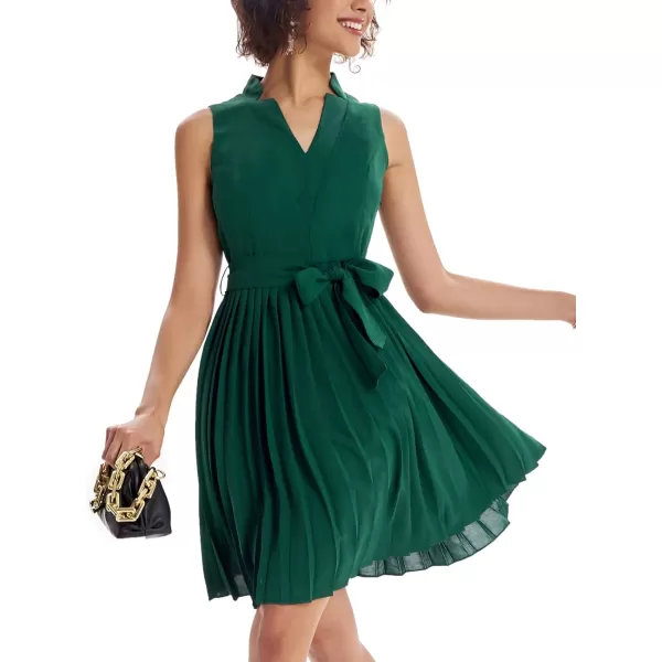 GRACE KARIN Women Elegant Pleated Swing Dress Solid Sleeveless VNeck Work DressGreen