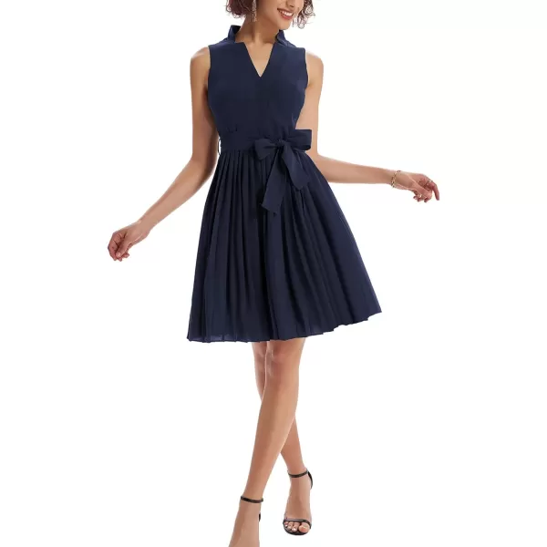 GRACE KARIN Women Elegant Pleated Swing Dress Solid Sleeveless VNeck Work DressNavy Blue